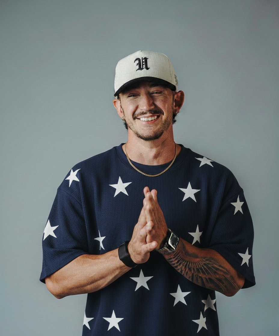 Stars Printed Waffle Knitted Dropshoulder Tshirt - NavyBlue