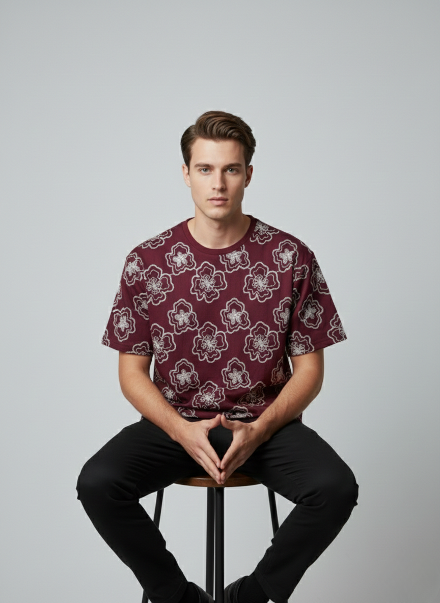 Artisan Flora Embroided Drop-Shoulder Tshirt - Maroon