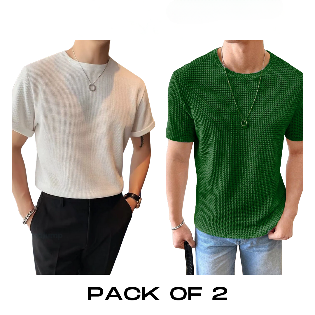 Flash Sale - Half Sleeve Waffle Knitted - Po2 - White & Green