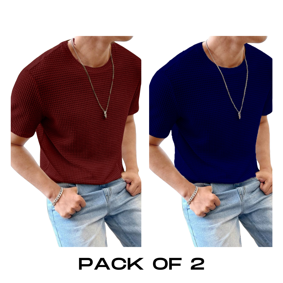 Flash Sale - Half Sleeve Waffle Knitted - Po2 - Maroon & Navy Blue