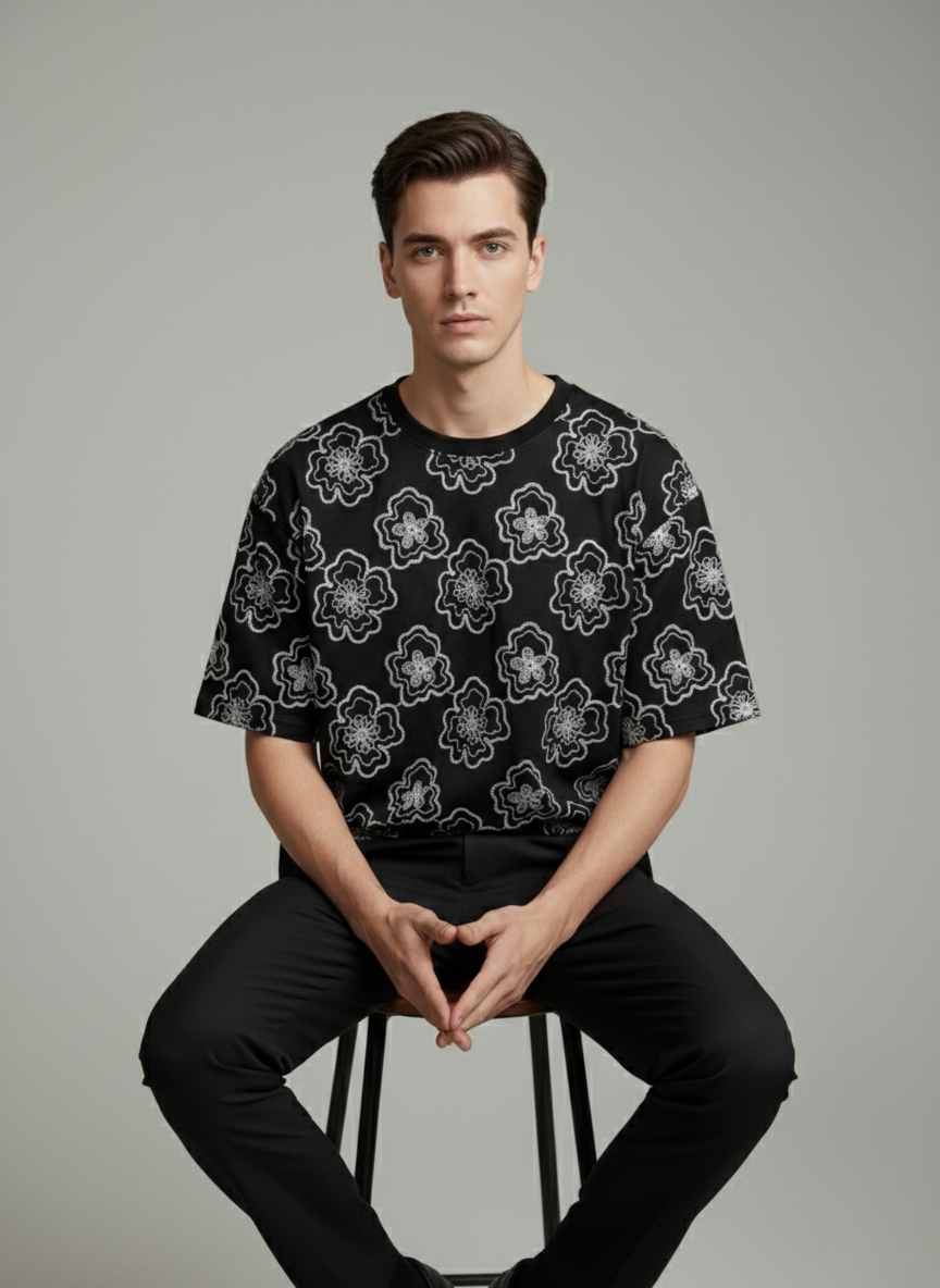 Artisan Flora Embroided Drop-Shoulder Tshirt - Black