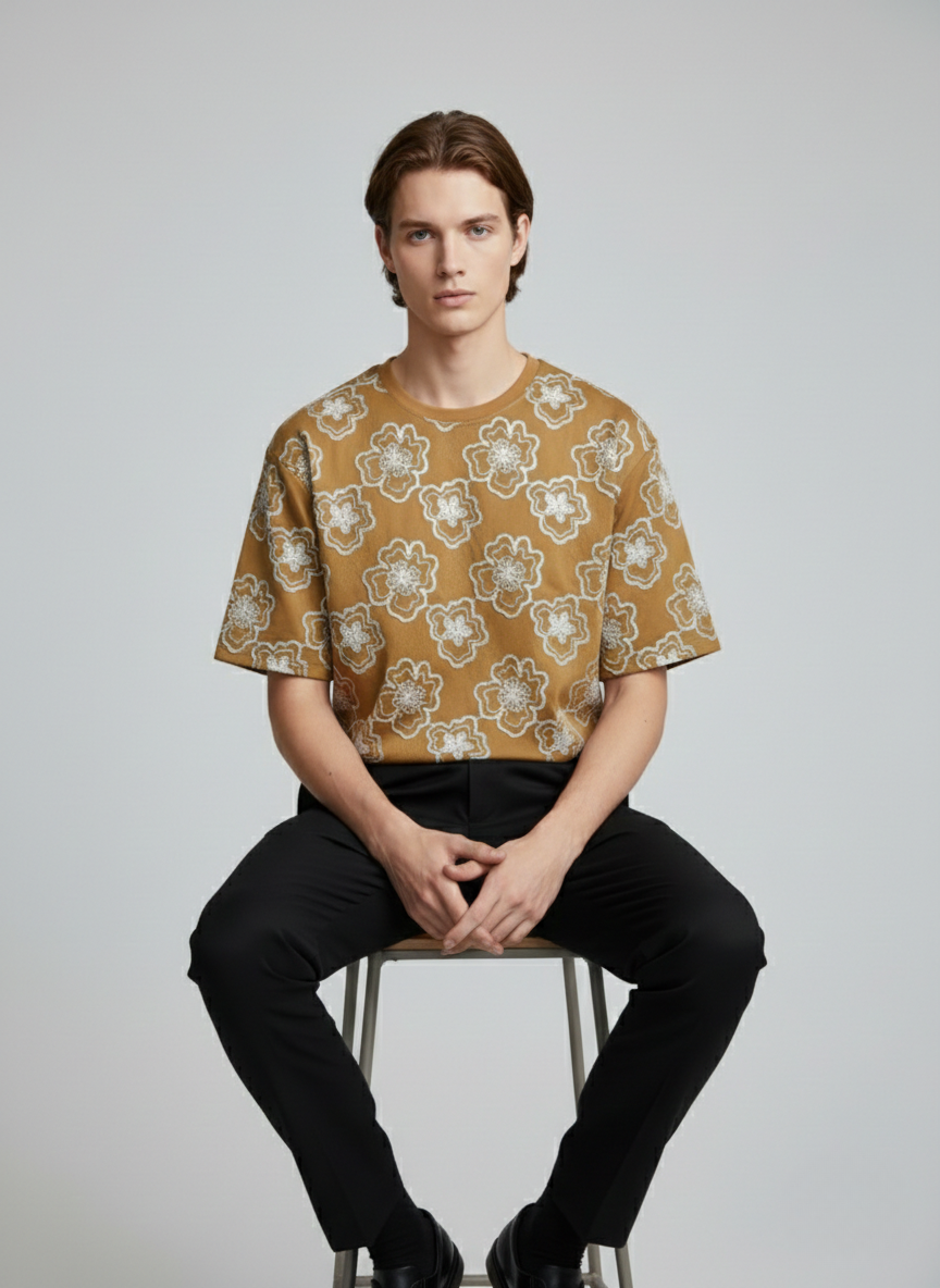 Artisan Flora Embroided Drop-Shoulder Tshirt - Beige