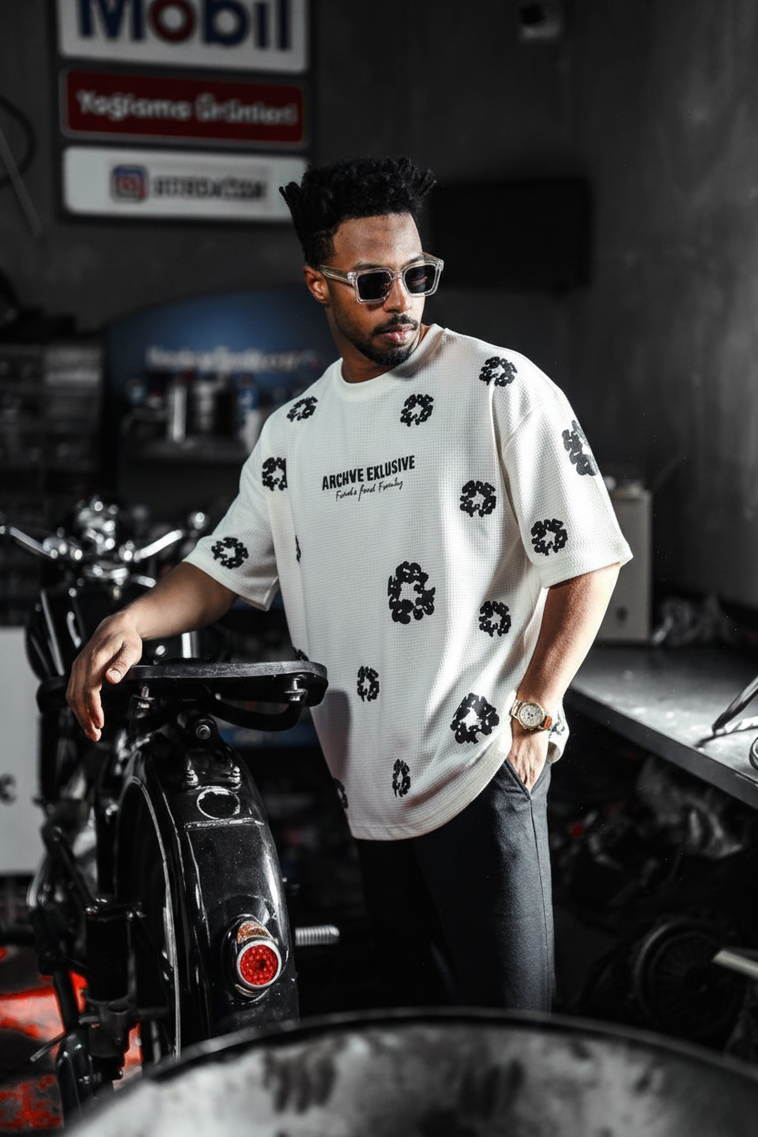 Floral Printed Waffle Knitted DropShoulder Tshirt - White