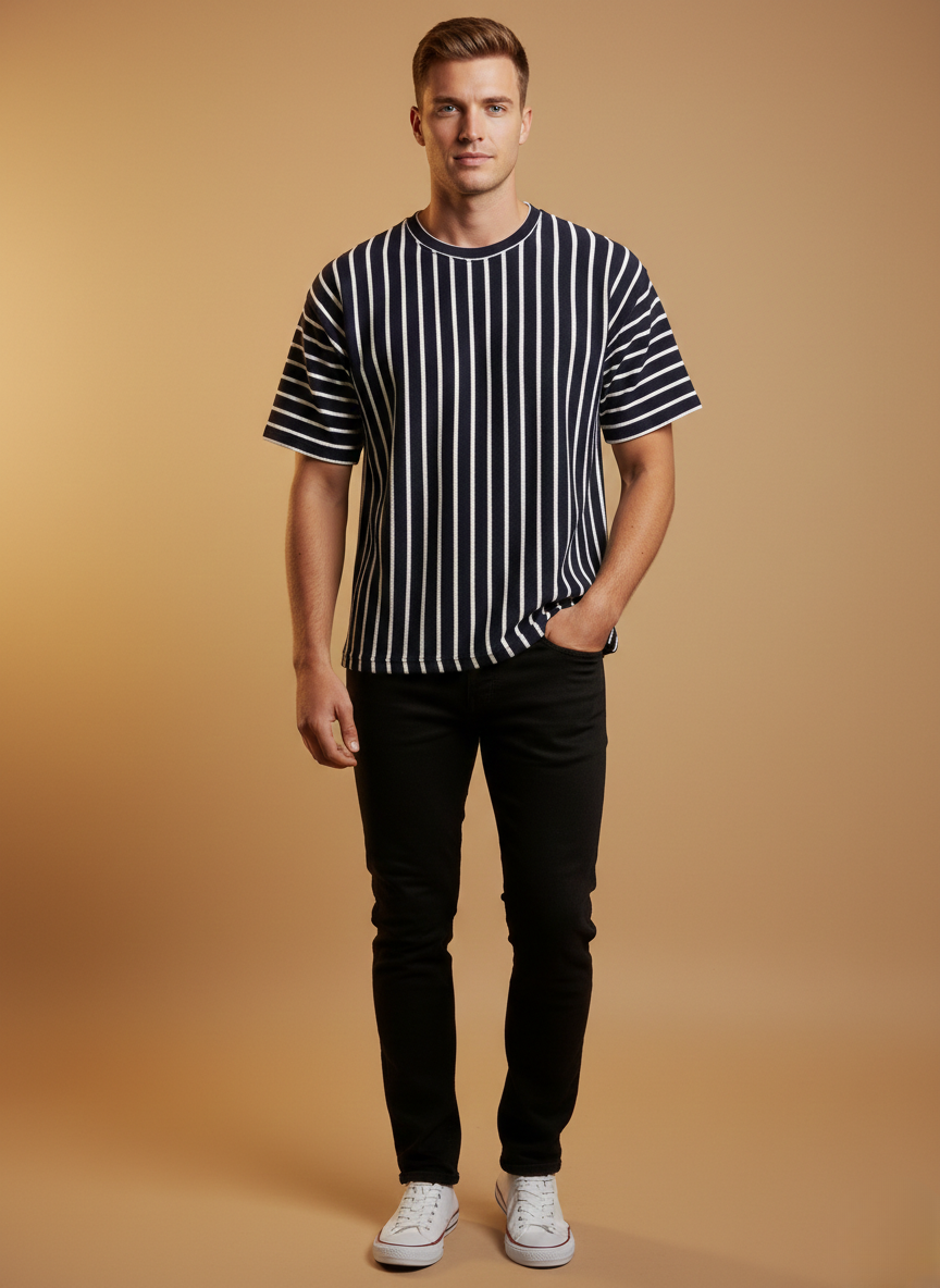 The Drift Stripe Knitted DropSHoulder Tee - Black