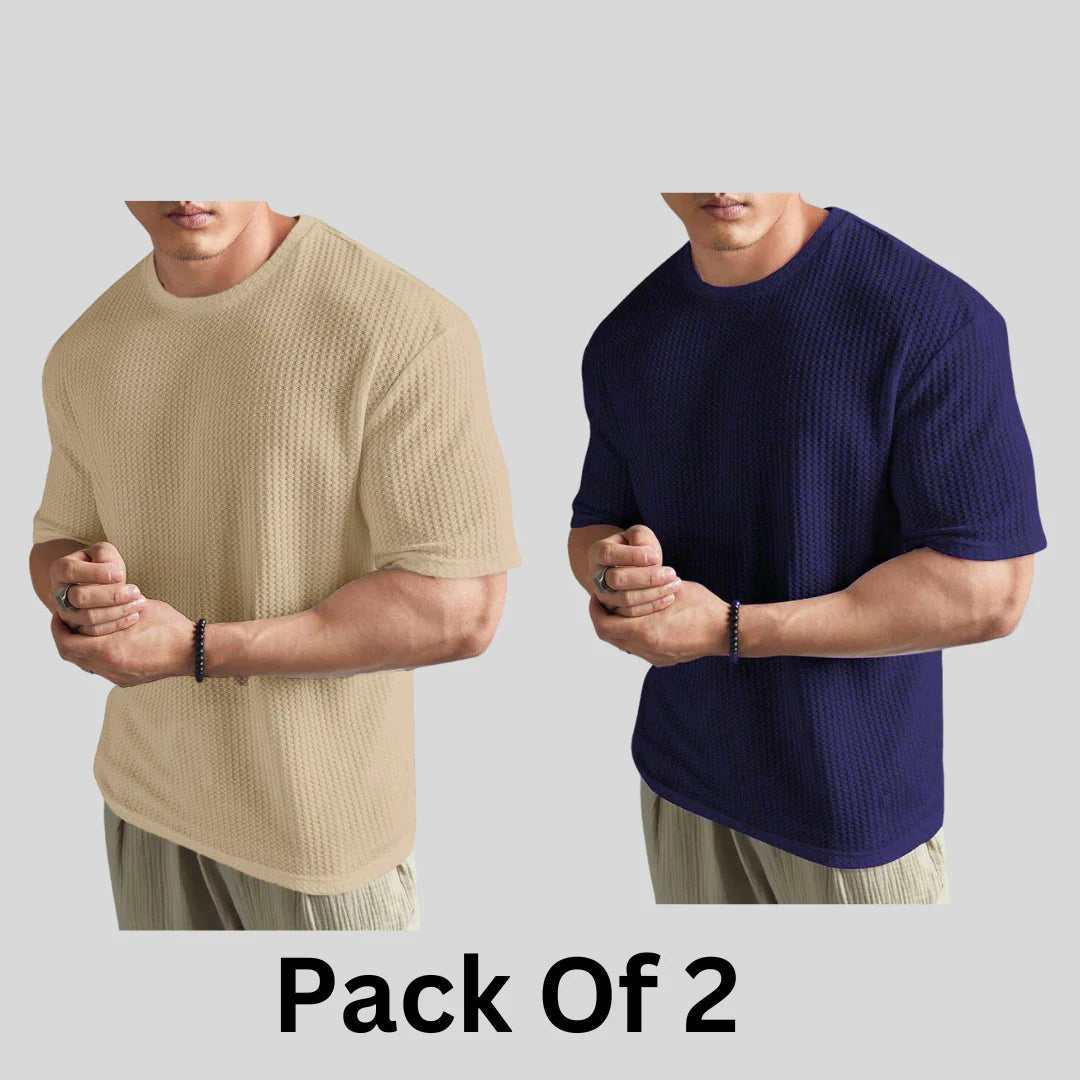 Flash Sale - Oversized Waffle Knitted - Po2 - Beige & Navy Blue