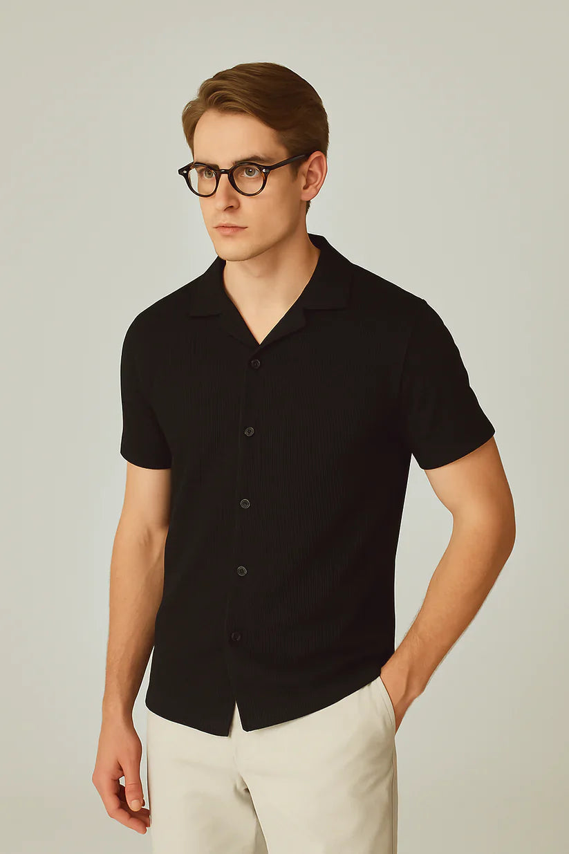 Soxage - Cuban Collar Waffle Knitted Shirt - Black