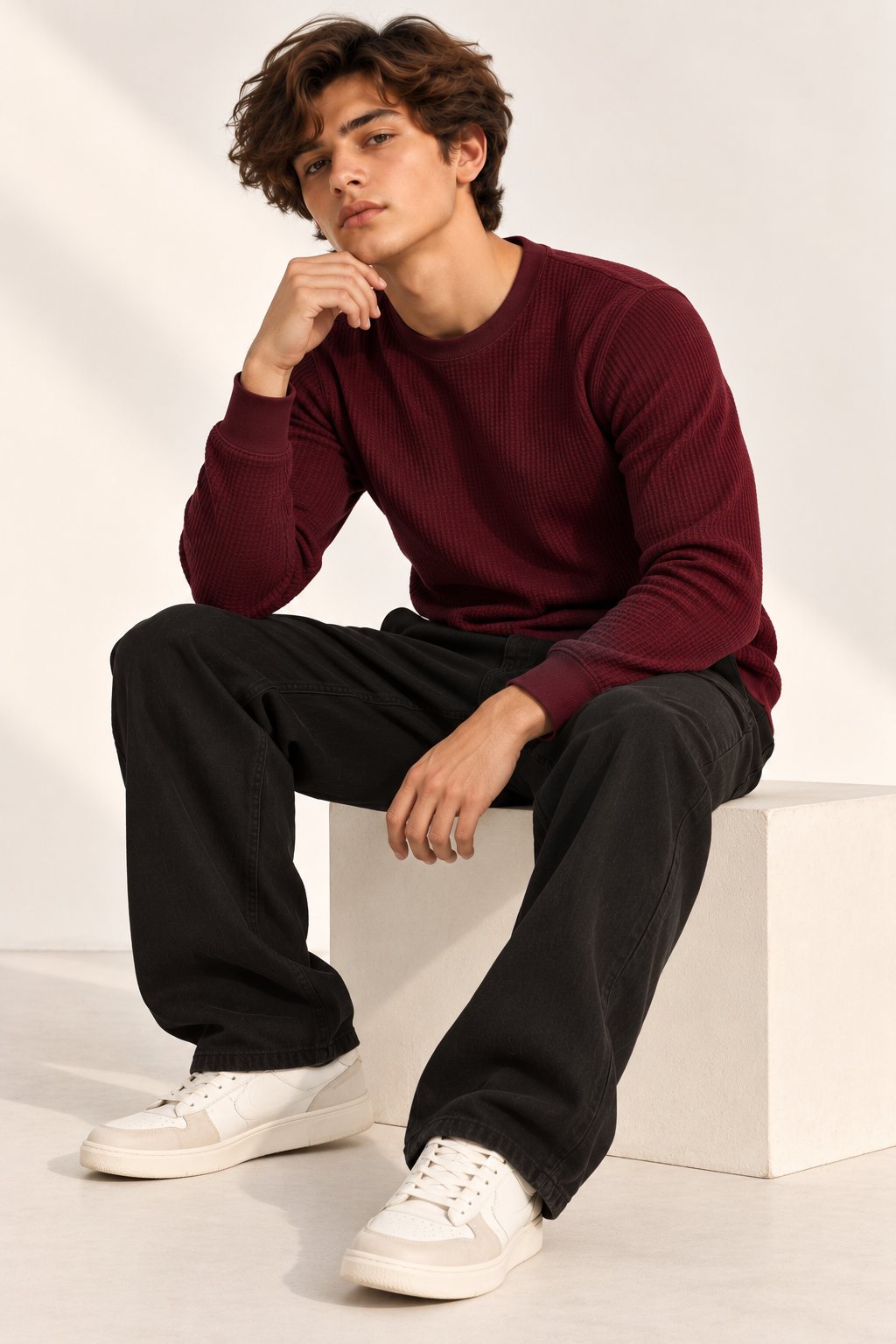 SOXAGE - Premium Full Sleeves Waffle Knit Tee For Men - Maroon