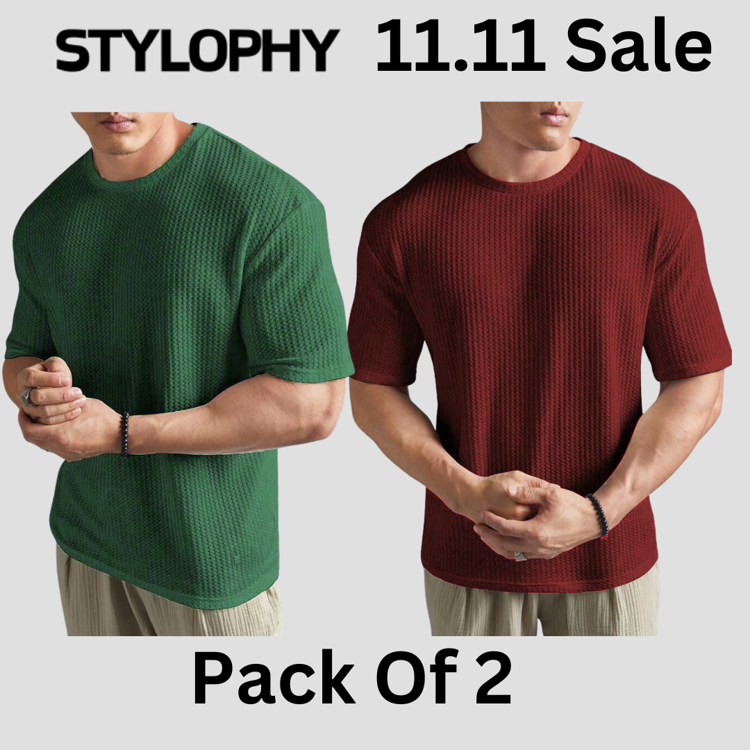 SOXAGE - Men's Waffle Knit Drop shoulder Tee - Po2 - Olive & Maroon