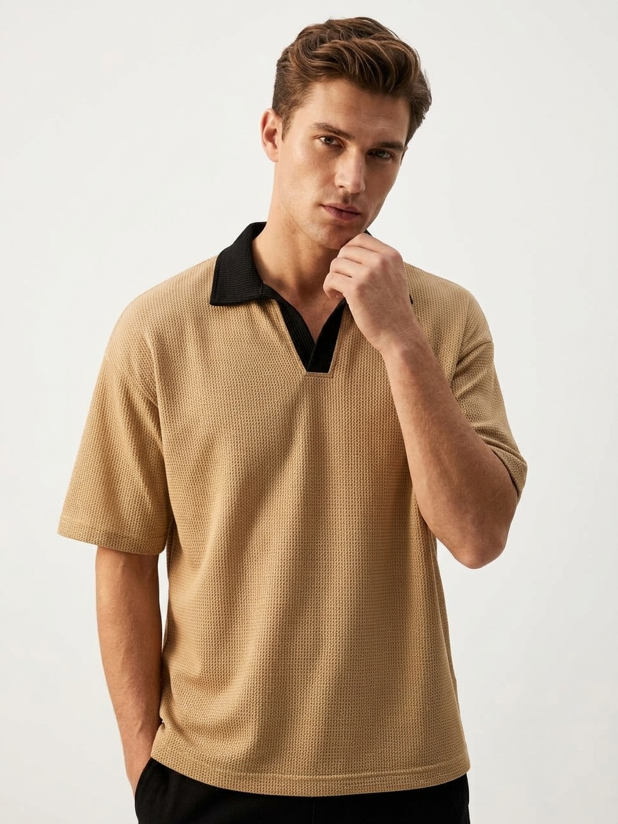 Oversized Waffle Knitted Polo - Beige