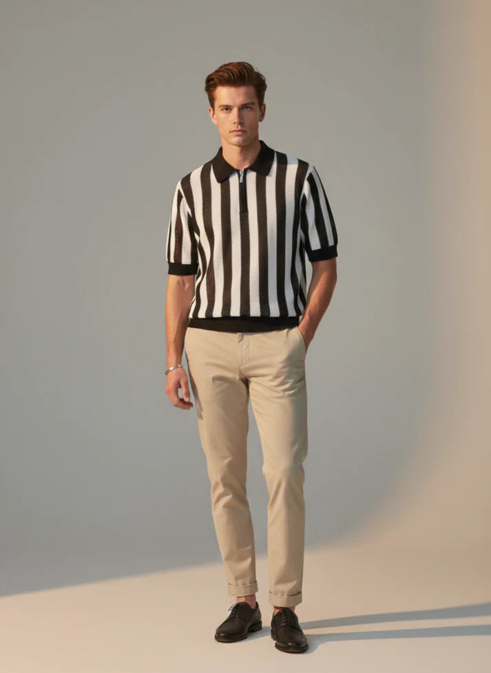 Knitted Stripes Polo - Zipper Collar