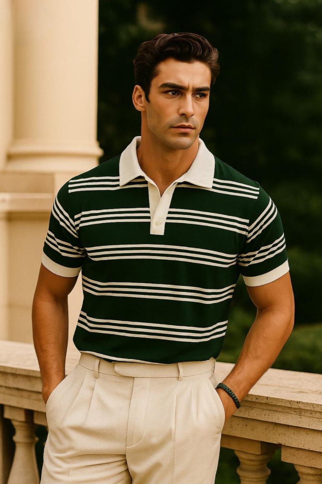 Panel Polo With White Collar & Rib - Green