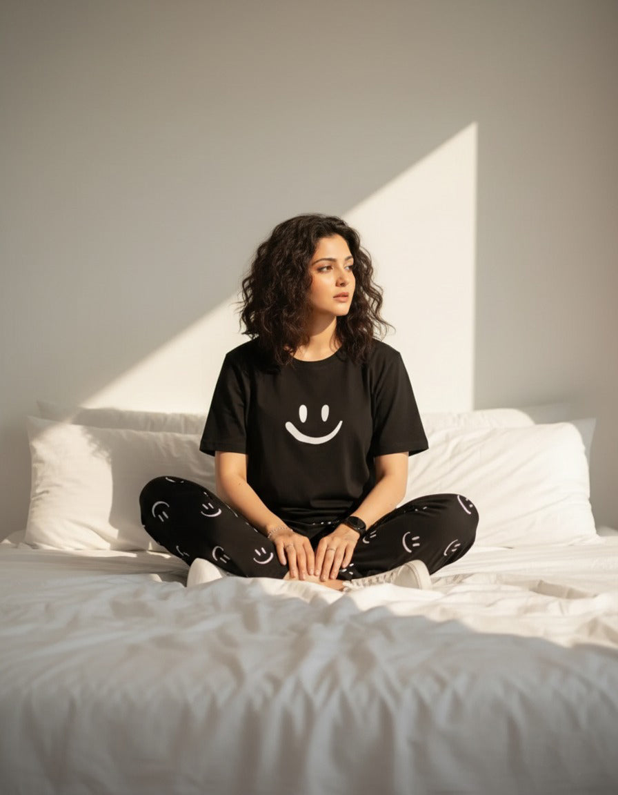 BLACK SMILEY PRINTED - PJ SUIT FOR WOMEN