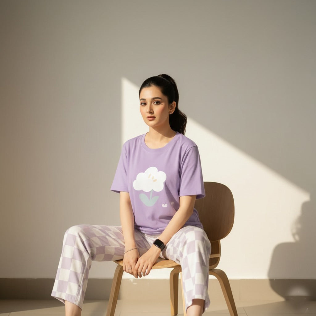 Flower Printed Pj Suit - Purple