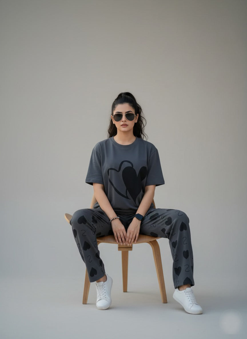 Double Heart Printed PJ Suit - Grey