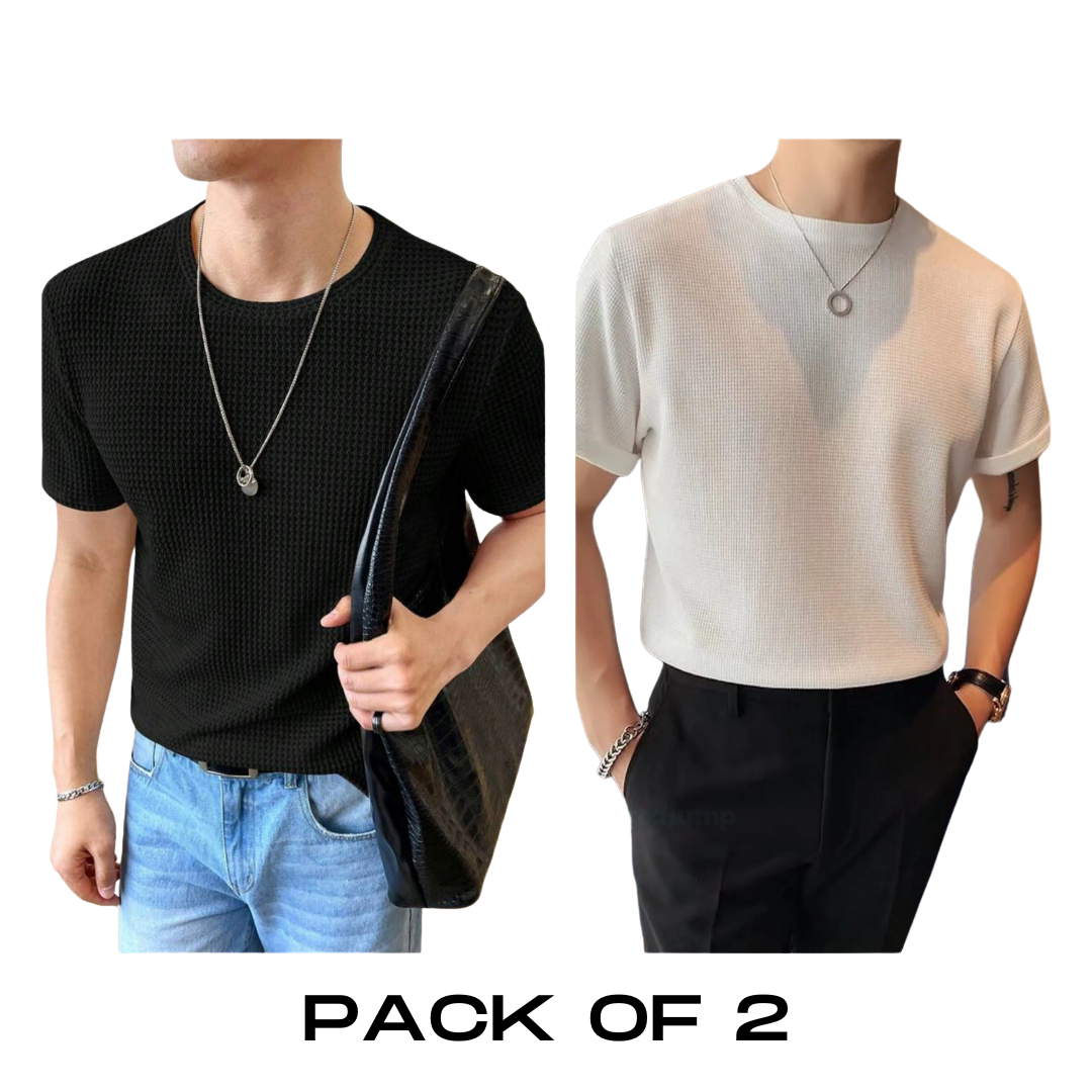 Flash Sale - Half Sleeve Waffle Knitted - Po2 - Black & White