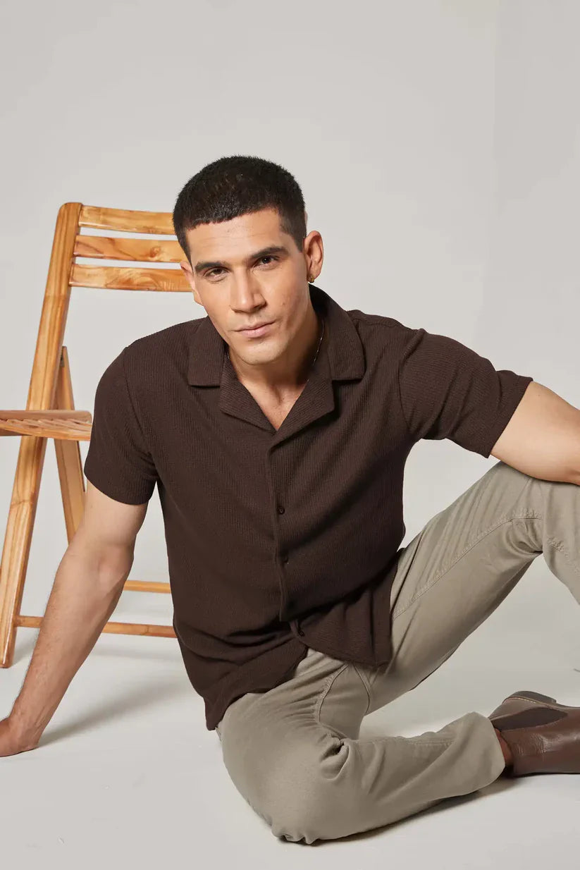 Soxage - Cuban Collar Waffle Knitted Shirt - Brown