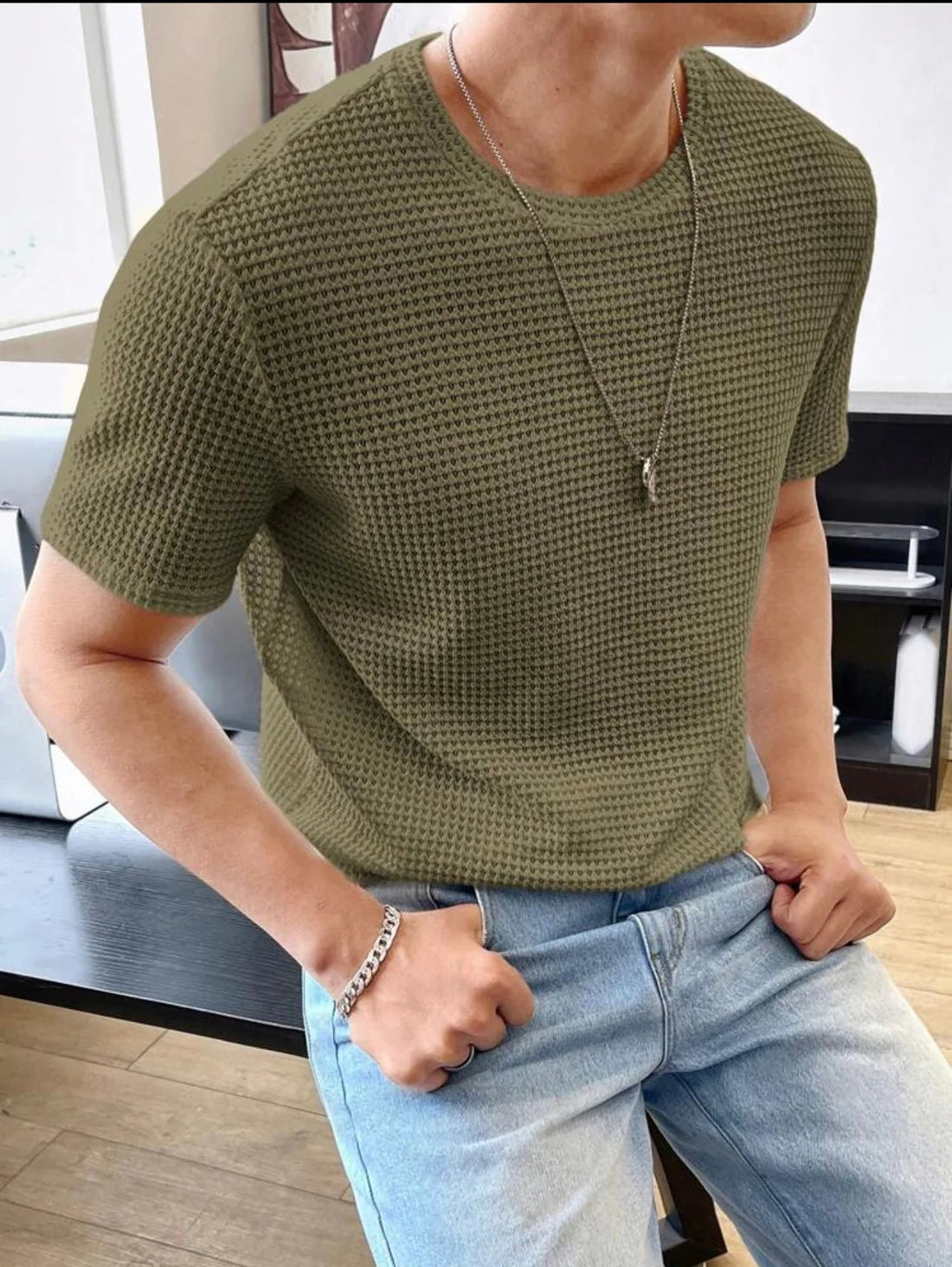 Flash Sale - Half Sleeves Waffle Knitted Olive