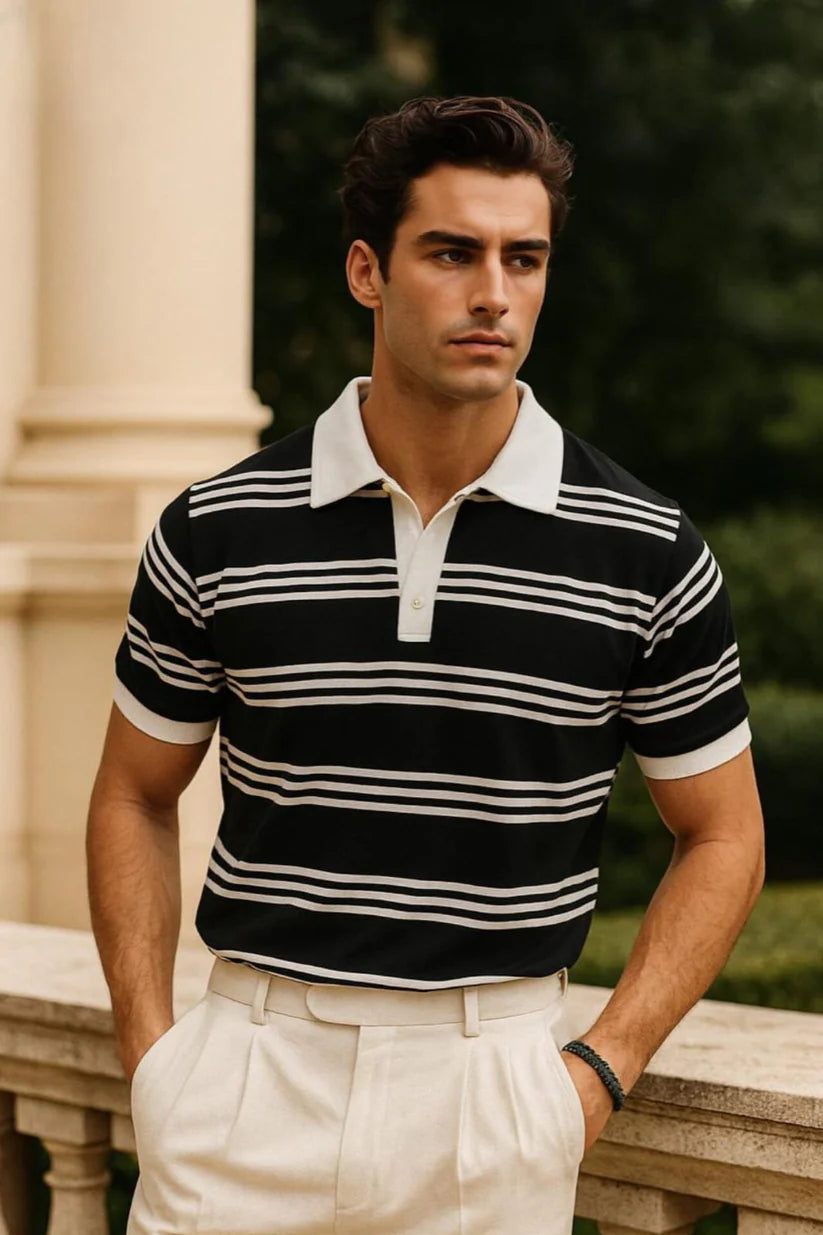 Flash Sale - Panel Polo With White Collar & Rib - Black