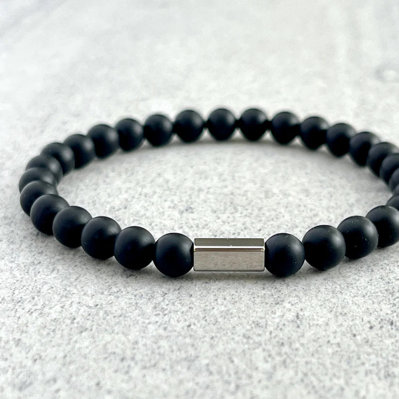 Matte Onyx Beaded Bracelet with Stainless Steel Accent - 8mm