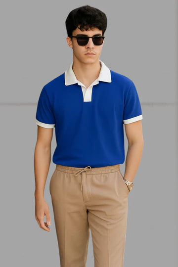 Flash Sale - Premium Polo With White Collar & White Rib - Blue