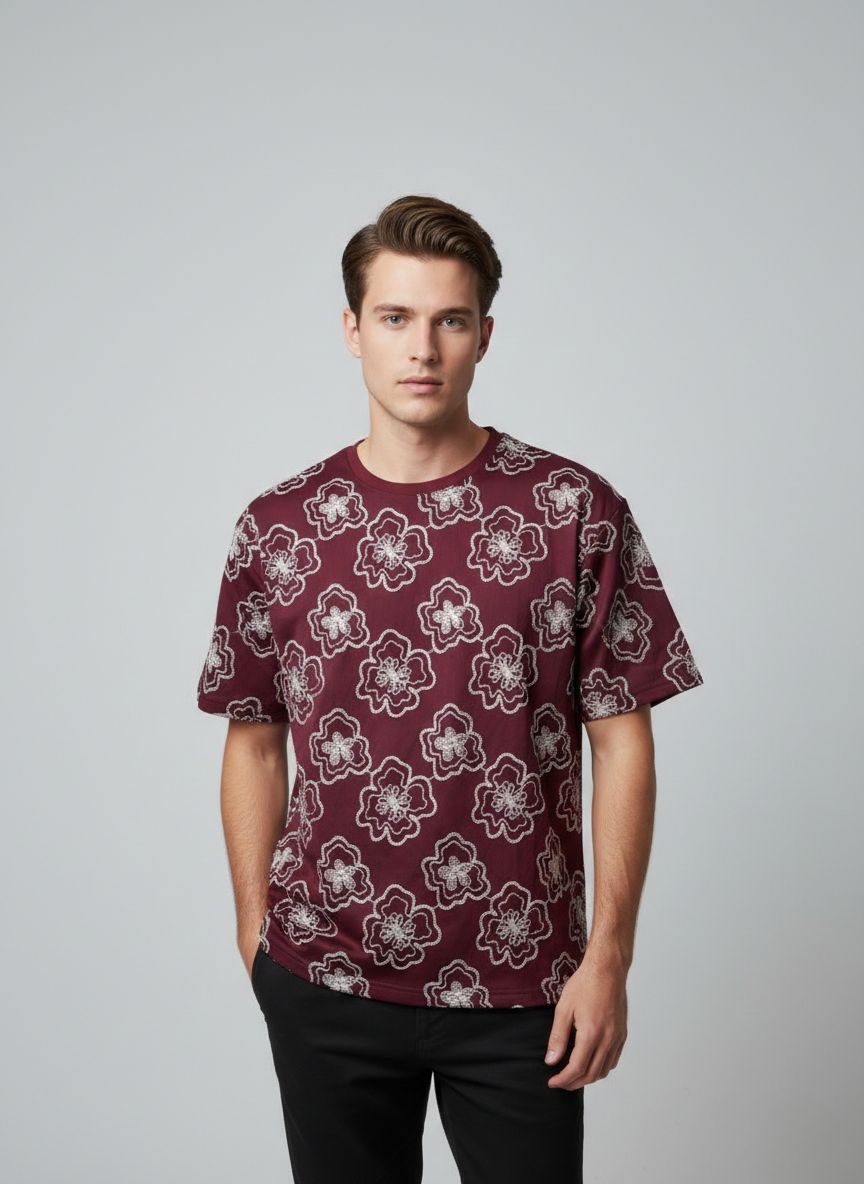 Artisan Flora Embroided Drop-Shoulder Tshirt - Maroon