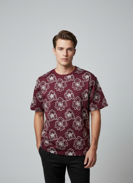 Artisan Flora Embroided Drop-Shoulder Tshirt - Maroon