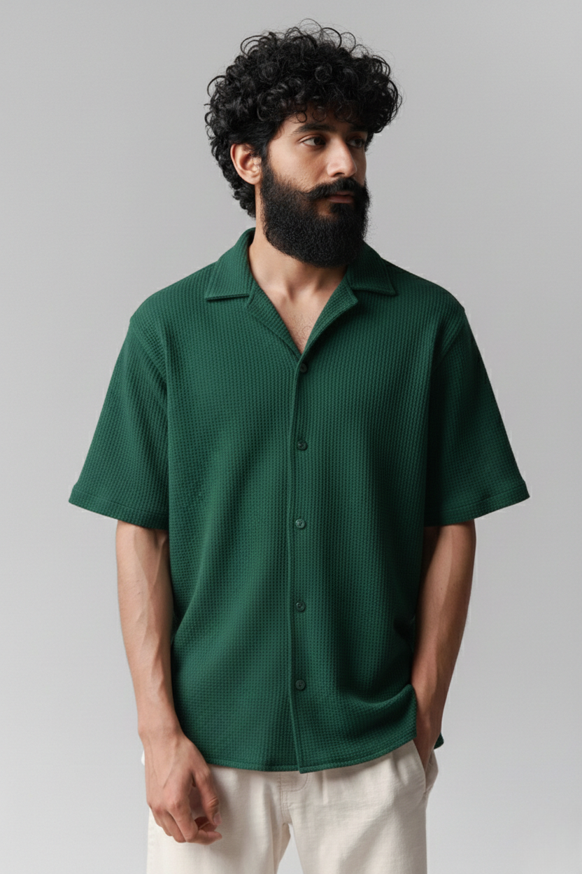 Cuban Collar Knitted Shirt - Turkish Green