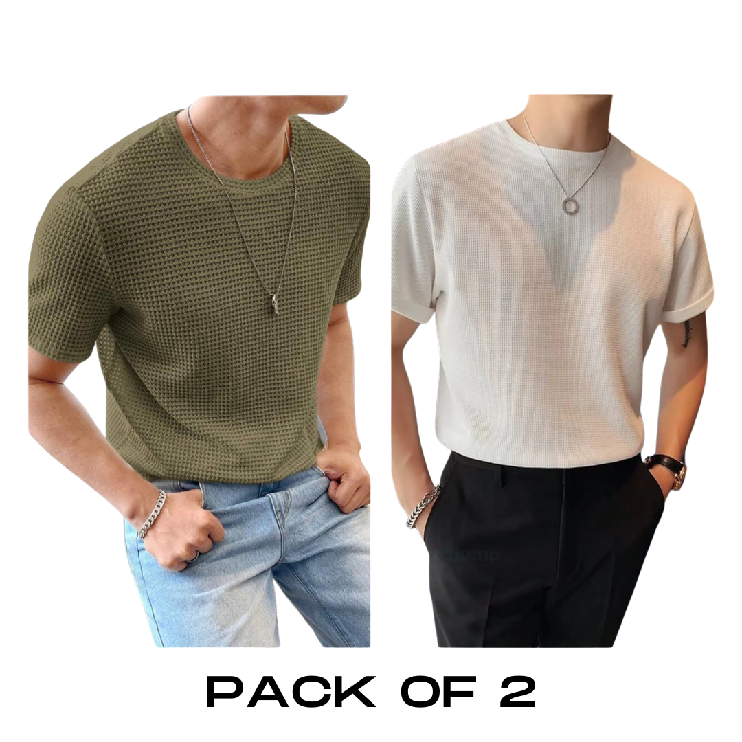 Flash Sale - Half Sleeve Waffle Knitted - Po2 - Olive & White