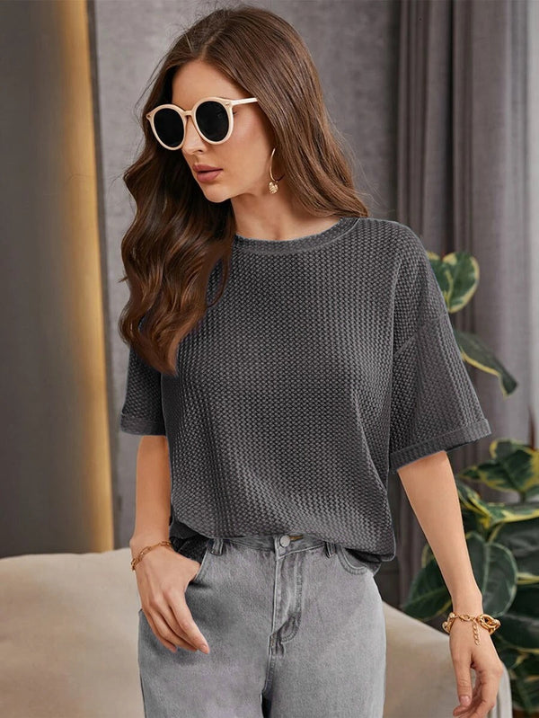 Soxage - 11.11 Sale Premium Oversized Waffle Knitted Tee For Women's - Charcoal