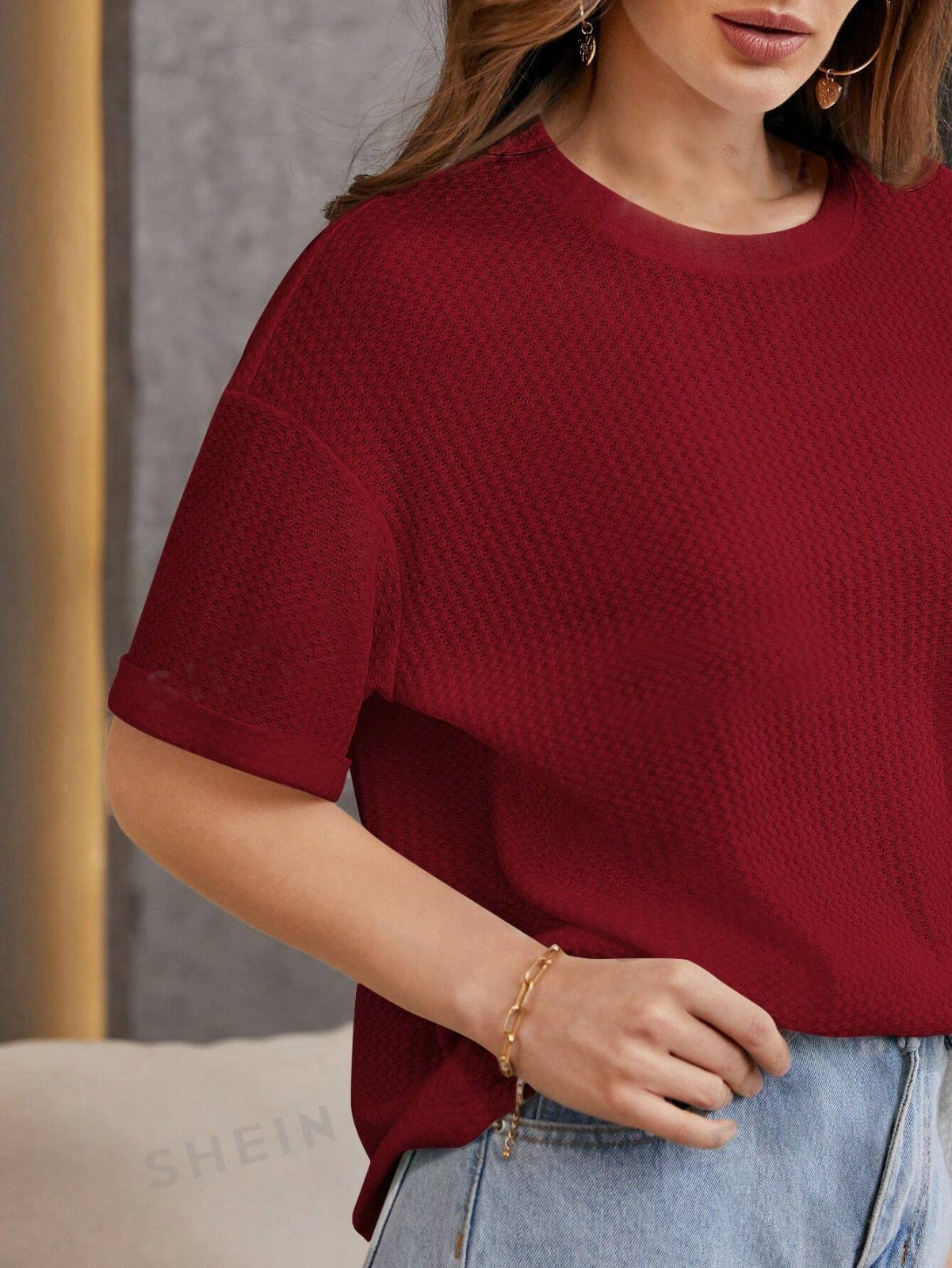 SOXAGE - Premium Oversized Waffle Knitted Tee - Maroon