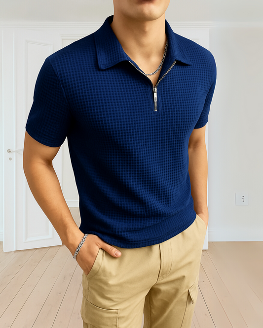 SOXAGE - Waffle Knitted Zipper Polo - Navy Blue