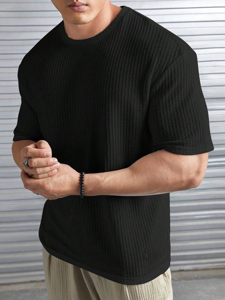 SOXAGE - Oversized Waffle Knit Tee For Men - BLACK