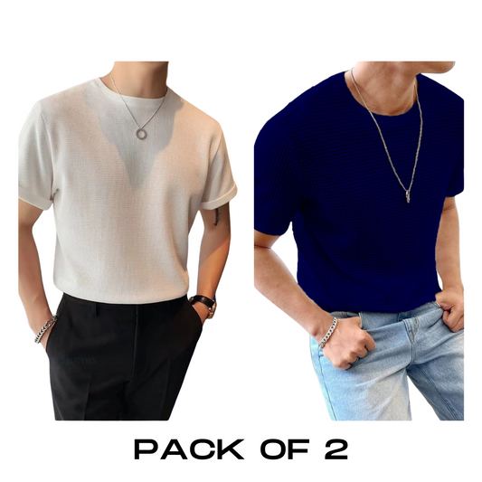 Flash Sale - Half Sleeve Waffle Knitted - Po2 - White & Navy Blue