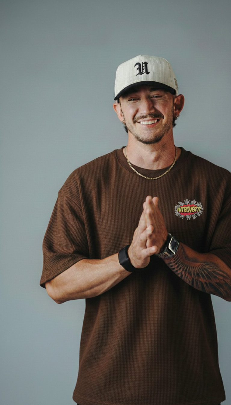 Introvert Waffle Knitted DropShoulder T-Shirt - Brown