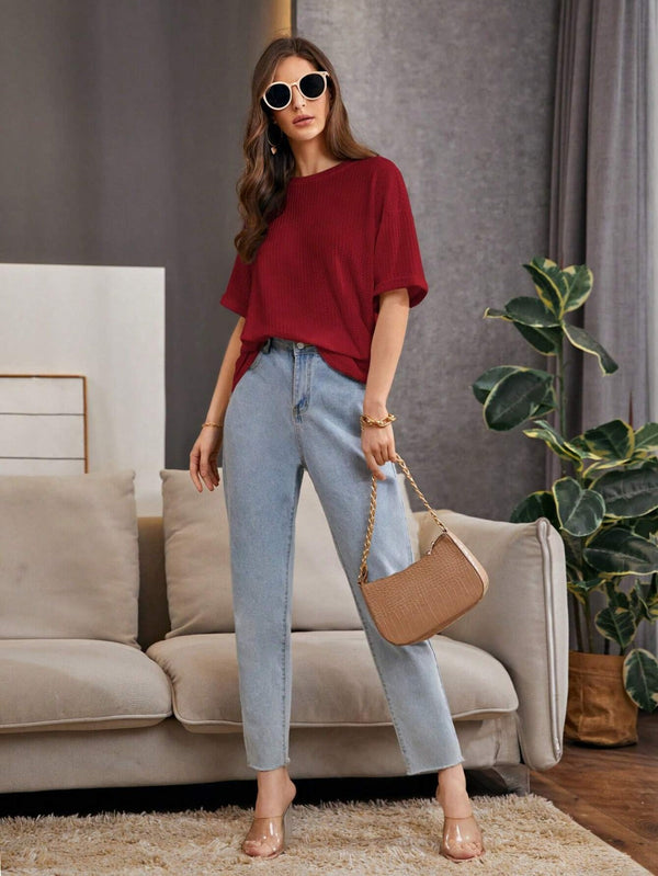 Soxage - 11.11 Sale Premium Oversized Waffle Knitted Tee For Women's - Charcoal