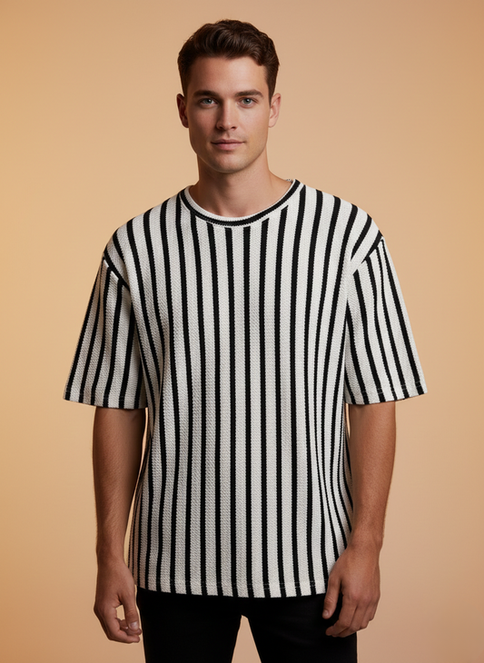 The Drift Stripe Knitted DropSHoulder Tee - White