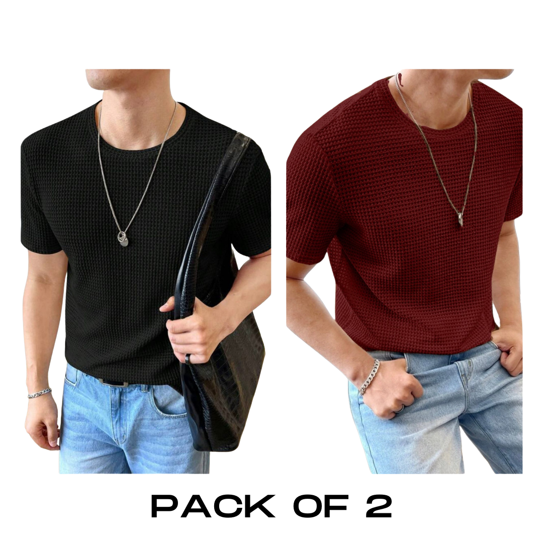 Flash Sale - Half Sleeve Waffle Knitted - Po2 - Black & Maroon