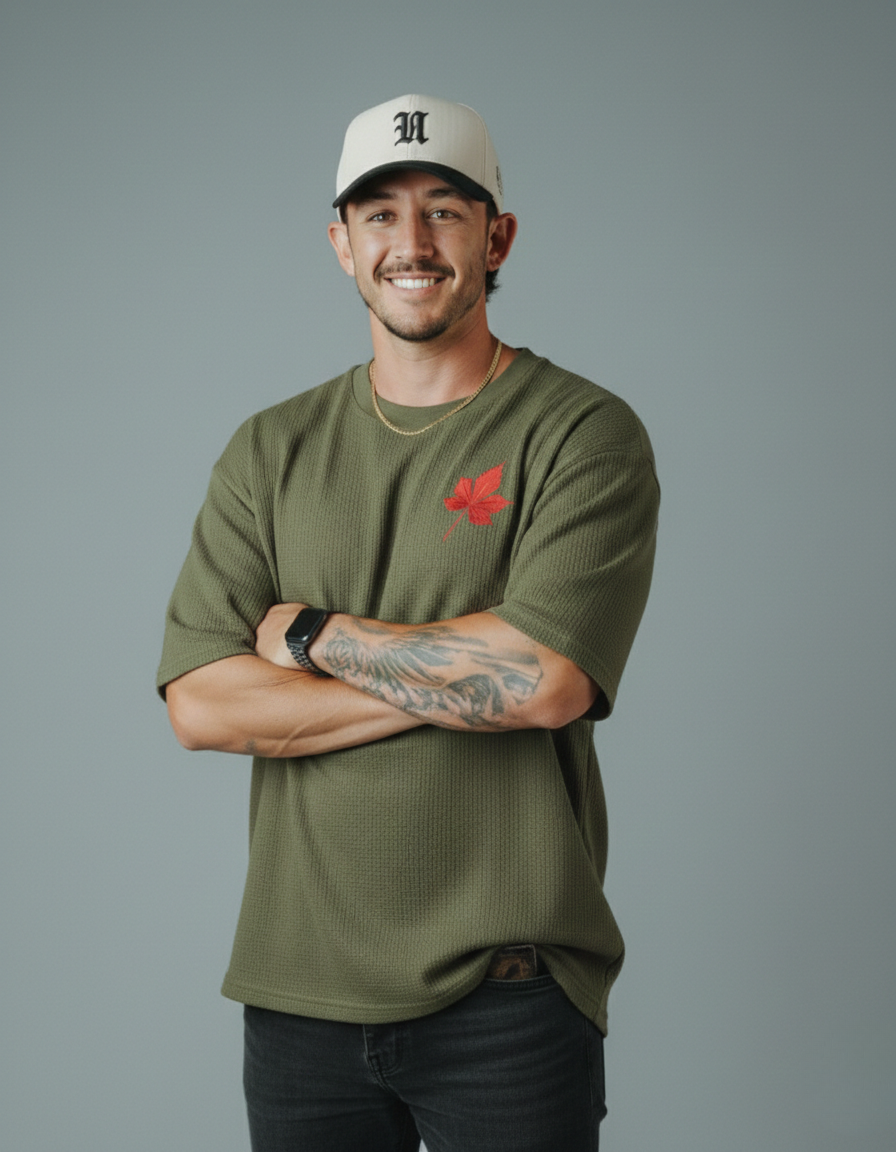 Red Leave Printed Waffle Knitted Dropshoulder T-shirt - OliveGreen