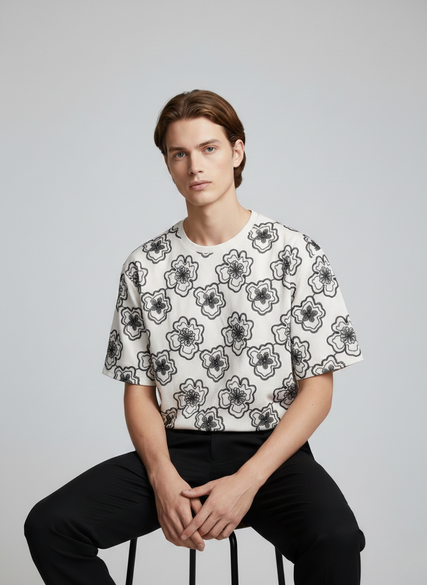Artisan Flora Embroided Drop-Shoulder Tshirt - White