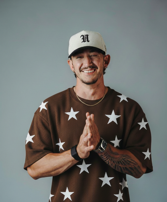 Stars Printed Waffle Knitted Dropshoulder Tshirt - Brown