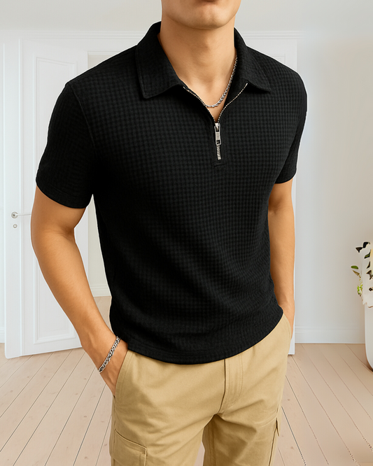 SOXAGE - Waffle Knitted Zipper Polo - Black