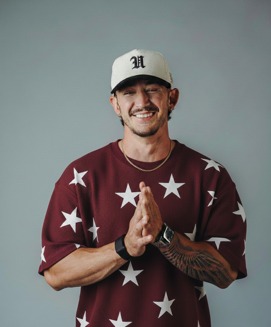 Stars Printed Waffle Knitted Dropshoulder Tshirt - Maroon