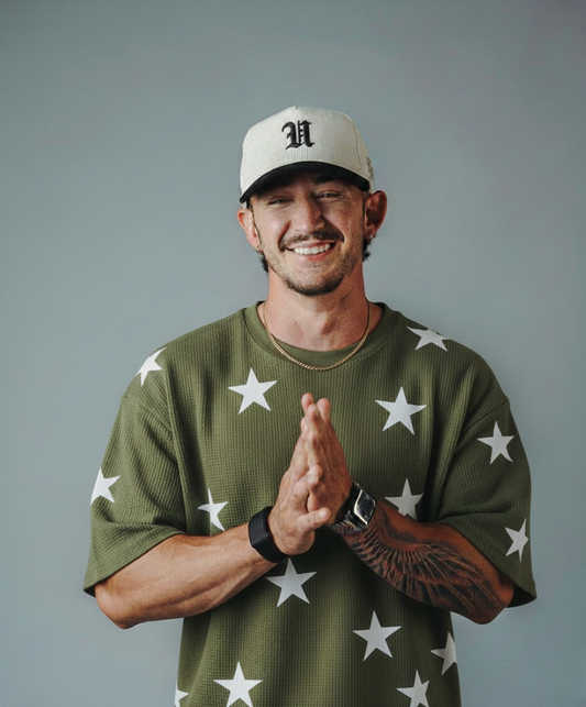 Stars Printed Waffle Knitted Dropshoulder Tshirt - OLiveGreen