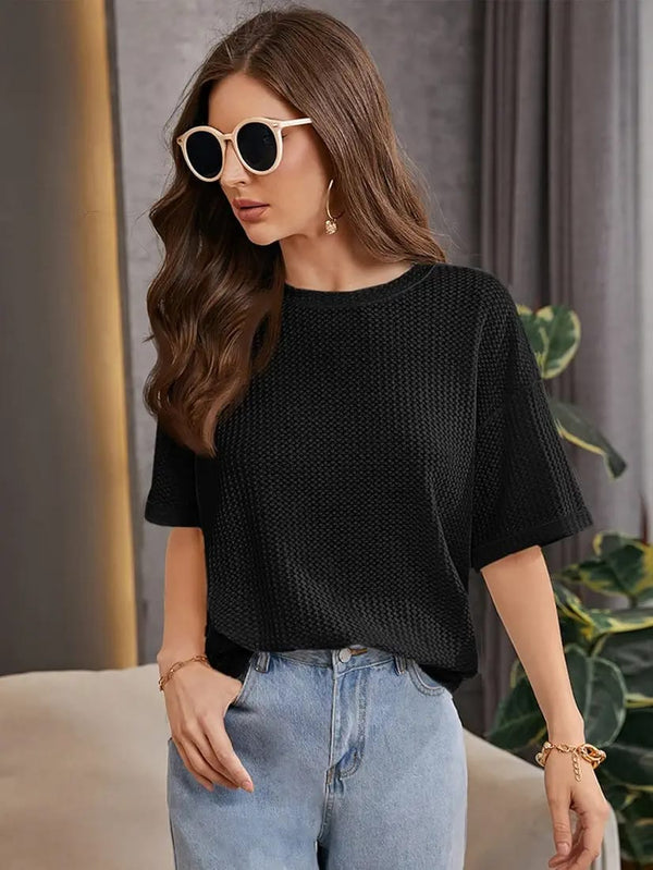 Soxage - 11.11 Sale Premium Oversized Waffle Knitted Tee For Women's - Charcoal