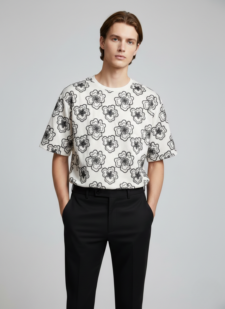 Artisan Flora Embroided Drop-Shoulder Tshirt - White