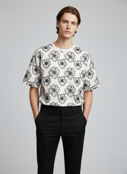Artisan Flora Embroided Drop-Shoulder Tshirt - White