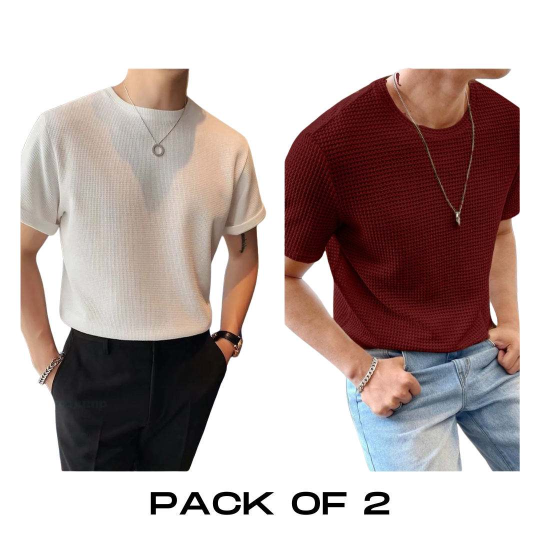 Flash Sale - Half Sleeve Waffle Knitted - Po2 - White & Maroon