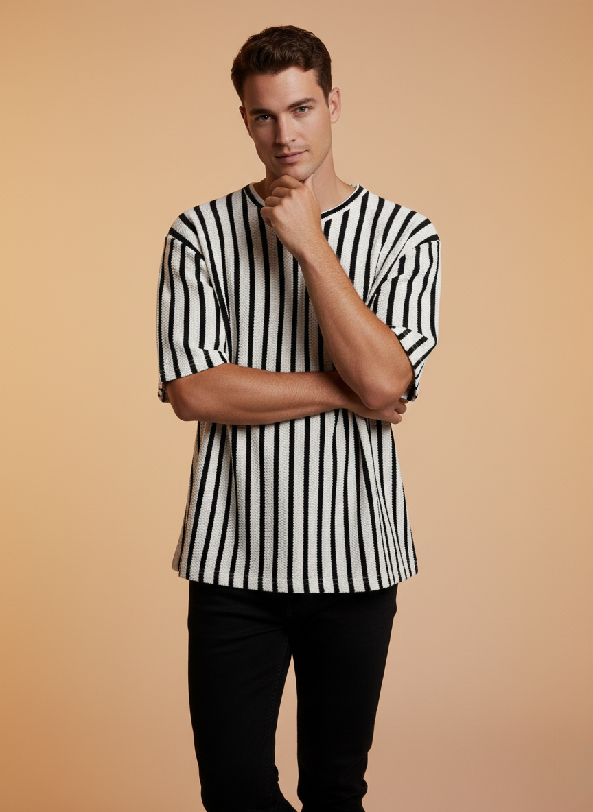 The Drift Stripe Knitted DropSHoulder Tee - White