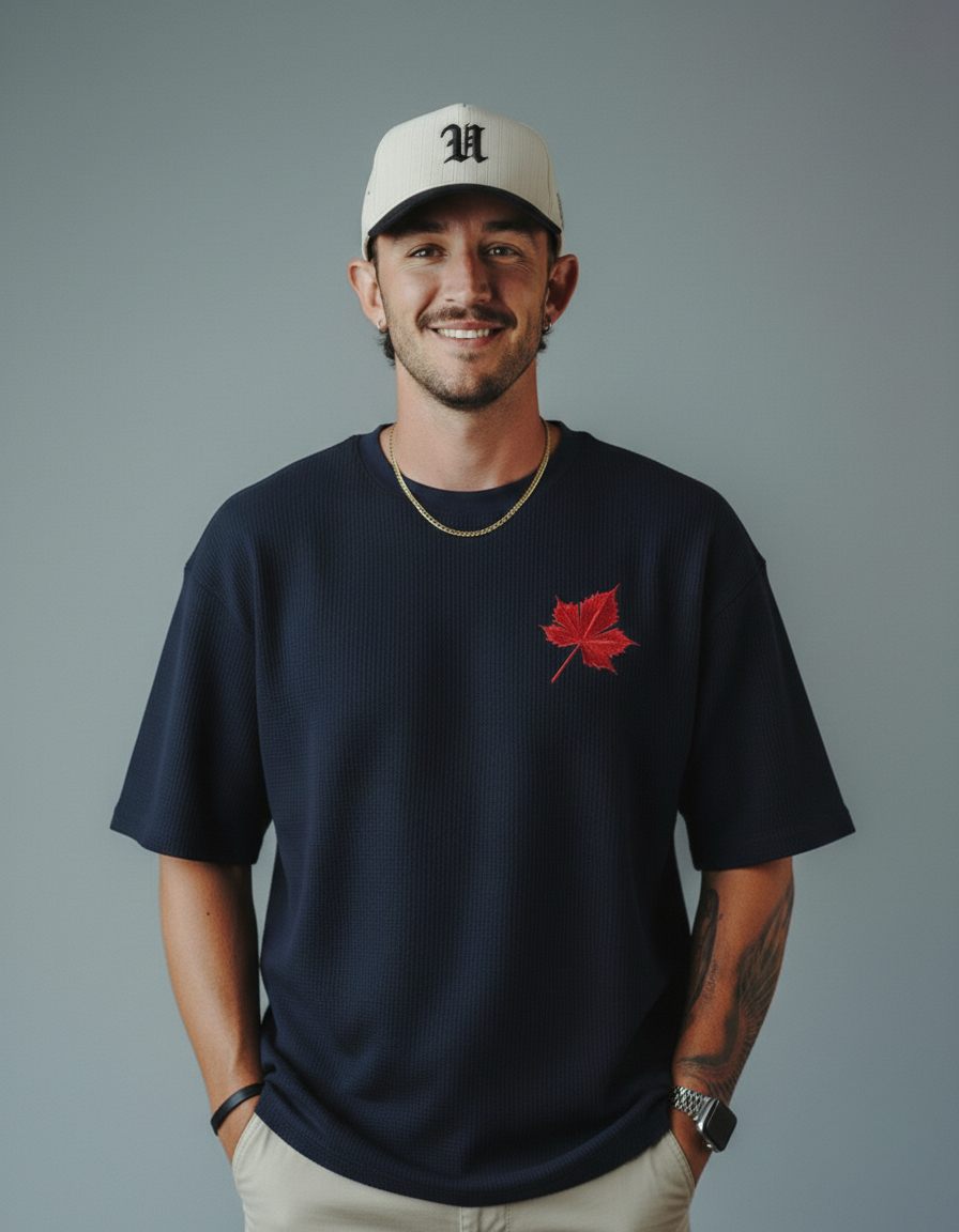 Red Leave Printed Waffle Knitted Dropshoulder T-shirt NavyBlue