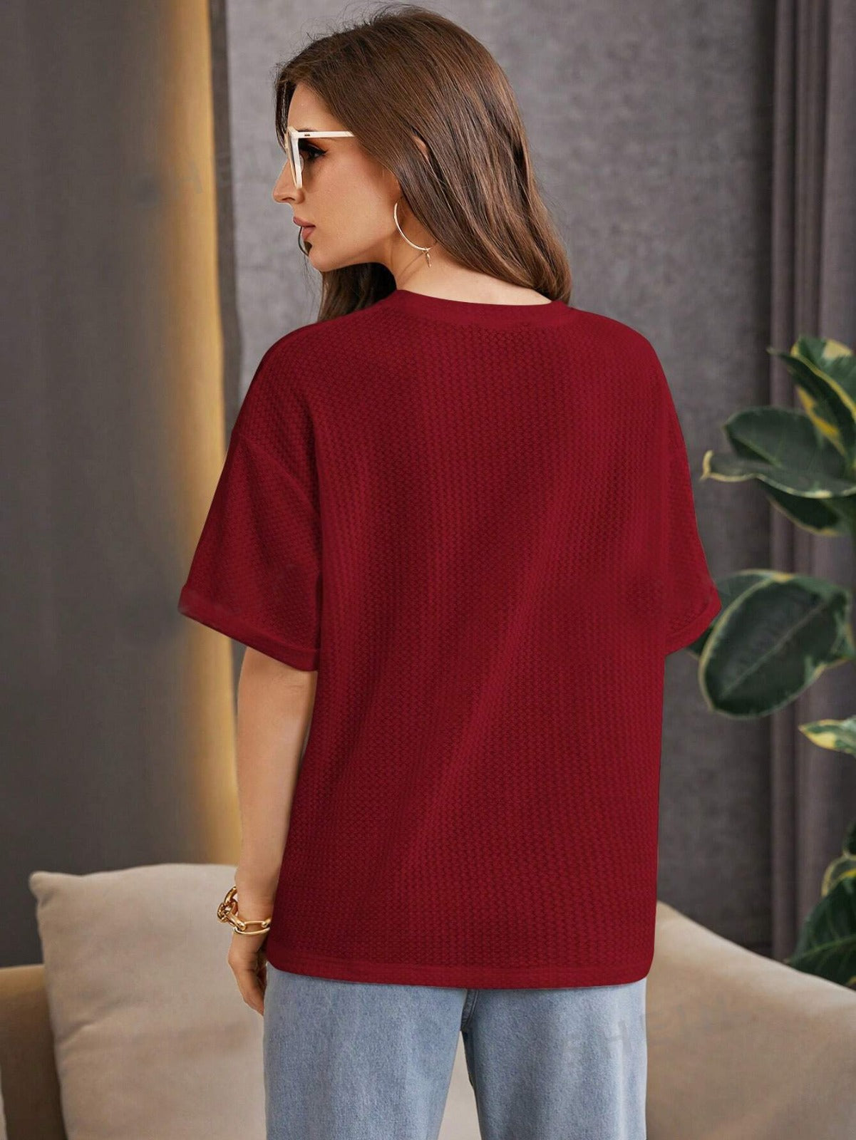 SOXAGE - Premium Oversized Waffle Knitted Tee - Maroon